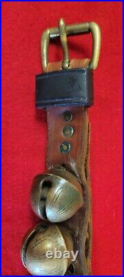 Antique 1900s Graduated Brass Sleigh Bells Leather Neck Strap