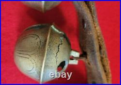 Antique 1900s Graduated Brass Sleigh Bells Leather Neck Strap