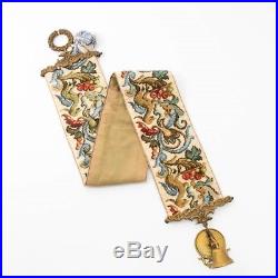 Antique 1900s Needlepoint Servants Tapestry Bell Pull with Ornate Brass Bell 62