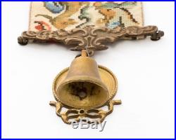 Antique 1900s Needlepoint Servants Tapestry Bell Pull with Ornate Brass Bell 62