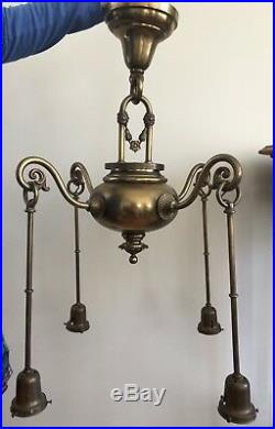 Antique 1910 Brass Victorian Chandelier Steuben Bell Shade Bradley Hubbard Era