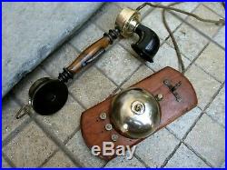 Antique 1920s Brass Bell in Wood Wall Beautiful Unusual French Phone Telephone