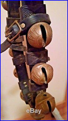 Antique 1930's Brass Sleigh Bells Double Leather Straps Team Horse Horses