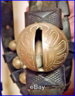 Antique 1930's Brass Sleigh Bells Double Leather Straps Team Horse Horses