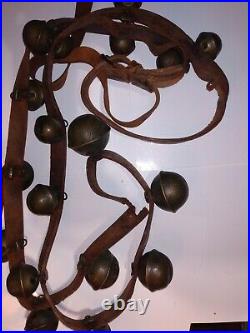 Antique 1930's Graduated Brass Sleigh Bells Leather Horse Christmas 18 bells