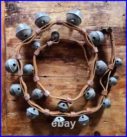 Antique 19 Graduated Brass Petal Sleigh BELLS 90 Double Leather Strap c. 1880s