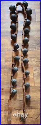 Antique 19 Graduated Brass Petal Sleigh BELLS 90 Double Leather Strap c. 1880s