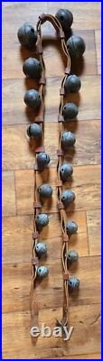 Antique 19 Graduated Brass Petal Sleigh BELLS 90 Double Leather Strap c. 1880s