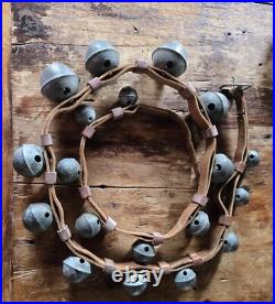 Antique 19 Graduated Brass Petal Sleigh BELLS 90 Double Leather Strap c. 1880s