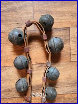 Antique 19 Graduated Brass Petal Sleigh BELLS 90 Double Leather Strap c. 1880s