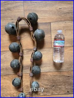 Antique 19 Graduated Brass Petal Sleigh BELLS 90 Double Leather Strap c. 1880s