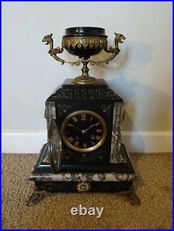 Antique 19th C French Japy Freres Slate & Marble Mantel Clock with Brass Finials