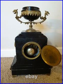 Antique 19th C French Japy Freres Slate & Marble Mantel Clock with Brass Finials