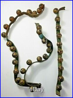 Antique 19th Century Brass Sleigh Bells 35 Bells Green Leather Strap No. 2 Bells