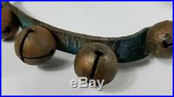 Antique 19th Century Brass Sleigh Bells 35 Bells Green Leather Strap No. 2 Bells