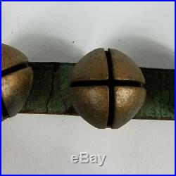 Antique 19th Century Brass Sleigh Bells 35 Bells Green Leather Strap No. 2 Bells