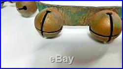 Antique 19th Century Brass Sleigh Bells 35 Bells Green Leather Strap No. 2 Bells