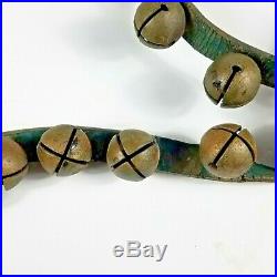 Antique 19th Century Brass Sleigh Bells 35 Bells Green Leather Strap No. 2 Bells