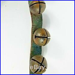 Antique 19th Century Brass Sleigh Bells 35 Bells Green Leather Strap No. 2 Bells