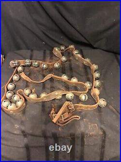 Antique 19th Century Brass Sleigh Bells-36 BELLS On A LEATHER STRAP Great Sound