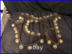 Antique 19th Century Brass Sleigh Bells-52 BELLS On A LEATHER STRAP Great Sound