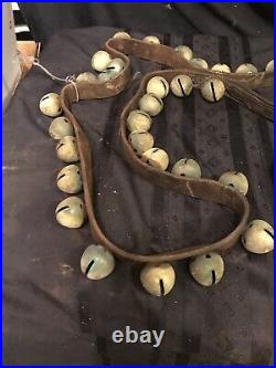Antique 19th Century Brass Sleigh Bells-52 BELLS On A LEATHER STRAP Great Sound