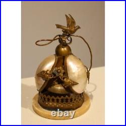 Antique 19th France Dove brass bell in bronze and mother-of-pearl shells