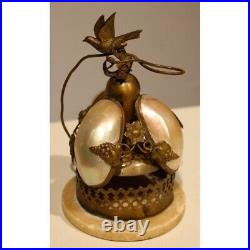 Antique 19th French Rare Bronze & Mother-Of-Pearl Shells Dove Bell 15 cm