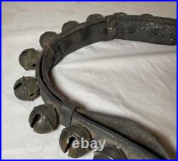 Antique 19th century handmade quality leather strap brass sleigh bells belt set