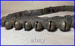 Antique 19th century handmade quality leather strap brass sleigh bells belt set
