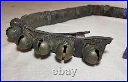 Antique 19th century handmade quality leather strap brass sleigh bells belt set