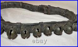 Antique 19th century handmade quality leather strap brass sleigh bells belt set