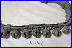 Antique 19th century handmade quality leather strap brass sleigh bells belt set