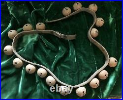 Antique 1 1/2 Brass Sleigh Bells 46 Long Leather Strap w 18 Jingle Bells