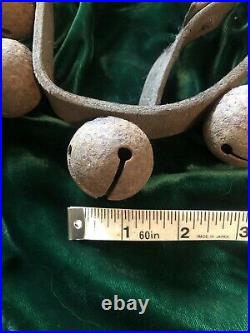 Antique 1 1/2 Brass Sleigh Bells 46 Long Leather Strap w 18 Jingle Bells