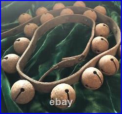 Antique 1 1/2 Brass Sleigh Bells 46 Long Leather Strap w 18 Jingle Bells