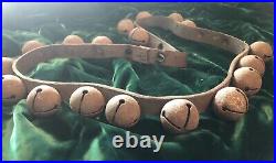 Antique 1 1/2 Brass Sleigh Bells 46 Long Leather Strap w 18 Jingle Bells