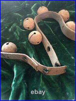 Antique 1 1/2 Brass Sleigh Bells 46 Long Leather Strap w 18 Jingle Bells