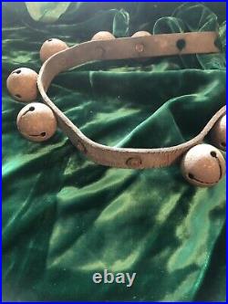 Antique 1 1/2 Brass Sleigh Bells 46 Long Leather Strap w 18 Jingle Bells