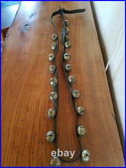 Antique 20 Brass Sleigh Bells On Over 6' Leather Strap with Brass Buckle Vtg