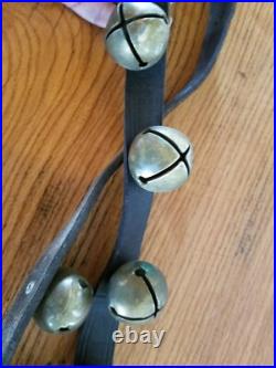 Antique 20 Brass Sleigh Bells On Over 6' Leather Strap with Brass Buckle Vtg