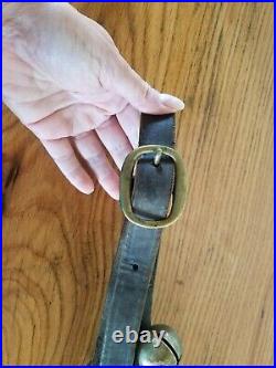 Antique 20 Brass Sleigh Bells On Over 6' Leather Strap with Brass Buckle Vtg