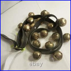 Antique 20 Brass Sleigh Bells on Leather Strap w Buckle 60 long EAC