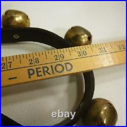 Antique 20 Brass Sleigh Bells on Leather Strap w Buckle 60 long EAC