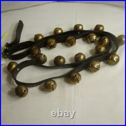 Antique 20 Brass colored Sleigh Bells on Leather Strap w Buckle 60 long EAC