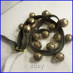 Antique 20 Brass colored Sleigh Bells on Leather Strap w Buckle 60 long EAC