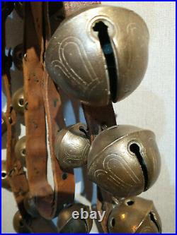 Antique 23 Graduated Petal Design Brass Sleigh Bells 7.5' Leather Strap