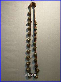 Antique 23 Graduated Petal Design Brass Sleigh Bells 7.5' Leather Strap