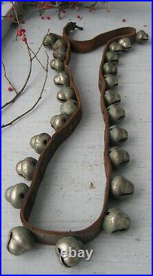 Antique 25 Fabulous Brass Acorn Shaped Sleigh Bells On Leather Strap With Clasp