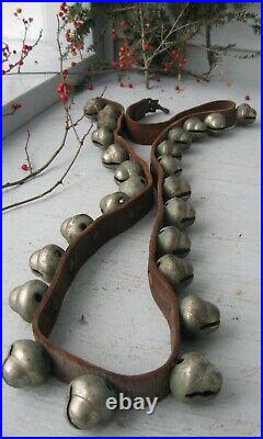 Antique 25 Fabulous Brass Acorn Shaped Sleigh Bells On Leather Strap With Clasp